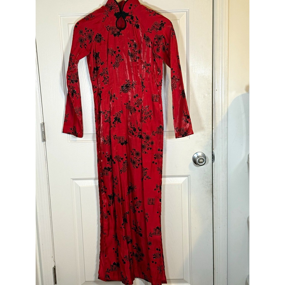 Red Black Ao Dai Vietnamese  Floral Embroidered Maxi Dress Size S High Neck